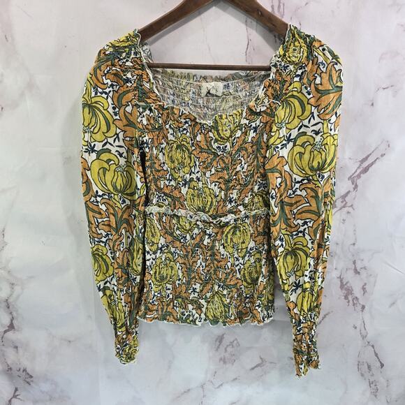Anthropologie Tops - By Anthropologie Shirt Womens Small Yellow Green Floral Peasant Smocked Rayna